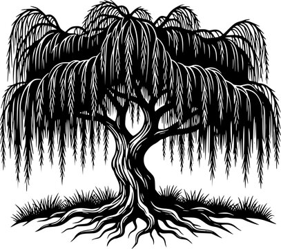 Elegant Weeping Willow Silhouette - Minimalist Botanical Tree with Roots and Grass Vector