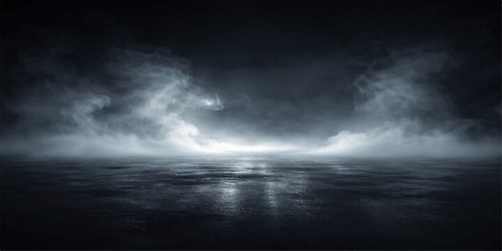 Dramatic dark storm clouds gather over a turbulent blue sea and horizon as a powerful nature landscape unfolds across the rainy ocean waves at sunset
