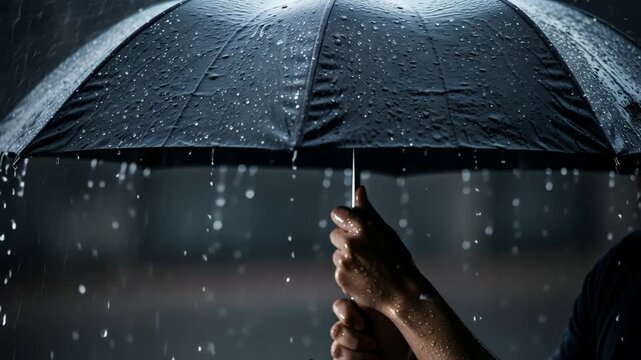 Person holding black umbrella in heavy rain with water droplets on surface and hands visible HD high quality video.
