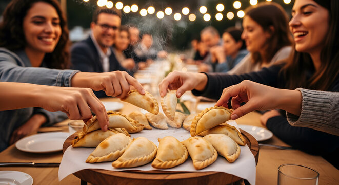 Group of friends sharing traditional Argentine empanadas at an o