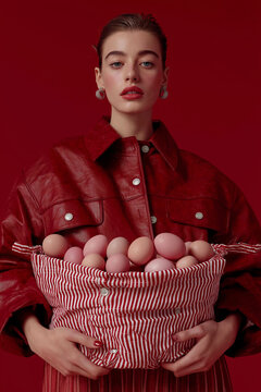 A fashion model in a red leather jacket holds a striped pillowcase filled with pastel eggs on a monochrome red backdrop. Surreal editorial still life with bold color blocking.
