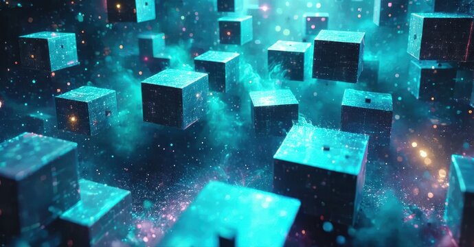 Abstract cubes float within dark space. Glowing particles create dynamic, futuristic visual effect. Blue tones dominate composition.
