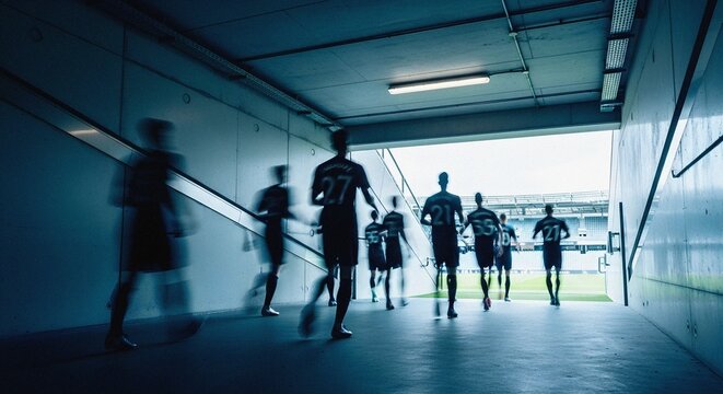 Motion blurred running silhouettes concrete tunnel dramatic entry stadium atmosphere professional sports team football soccer match