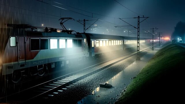 Nighttime train traveling through foggy countryside with illuminated windows and railway tracks HD high quality video.
