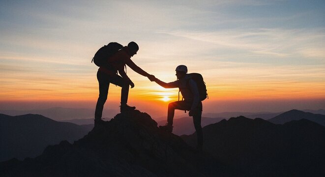 Technical climbing handshake alpine summit gradient teamwork outdoor adventure extreme mountain hiking success