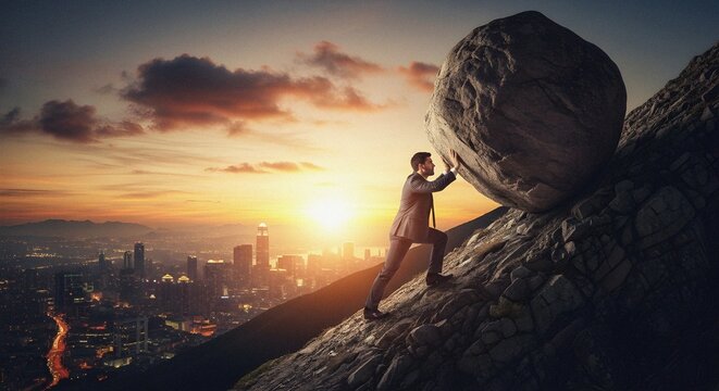 Sisyphean massive boulder uphill pushing businessman cityscape struggle effort concept