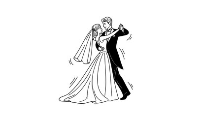 Wedding Couple Dancing Doodle Line Art Romantic Bride and Groom Dance Vector Illustration