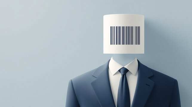 Barcode Mind: An allegorical image of a business suit figure, their head replaced by a barcode, representing the dehumanizing effects of consumerism and corporate identity.