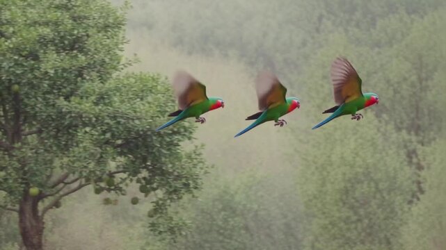 Three vibrant green parrots fly past a large fruit tree laden with unripe citrus hanging heavily from the dense leafy branches in a foggy natural setting.
