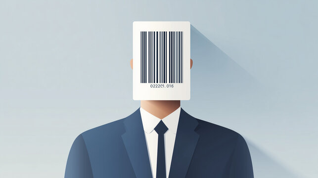 Barcode Identity: A conceptual image illustrating the anonymity and depersonalization of modern society, featuring a person with a barcode covering their face.