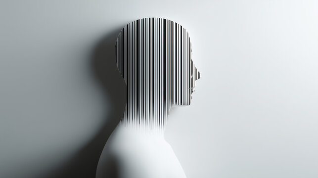Barcode Mind: A minimalist illustration of a human head silhouette with a barcode pattern, symbolizing identity, technology, and the digital age.