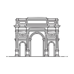 Fototapeta premium Simple black line art icon illustrating a neoclassical triumphal arch structure with symmetrical design elements and multiple openings.