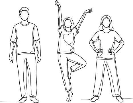 Vector illustration of three faceless people in casual clothes posing in a line drawing style isolated on white background
