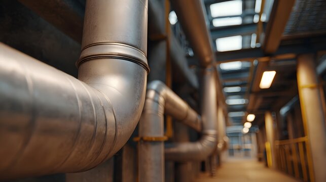 Industrial piping system in a modern manufacturing facility showing intricate metal conduits and structure