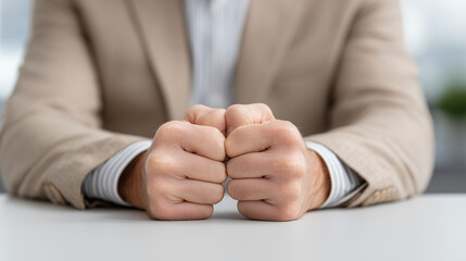 Fototapeta premium Clenched Fists: A close-up view captures a person's hands tightly clenched in fists, conveying a strong sense of determination or tension. 