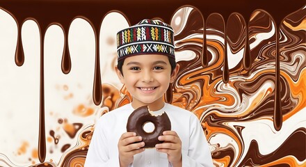 Young boy holding chocolate donut with festive traditional headwear smiling joyfully