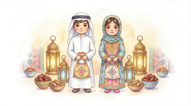 Watercolor illustration of two children in traditional Gulf attire celebrating Garangao. They carry decorative bags for sweets, standing between glowing lanterns with dates and nuts nearby.