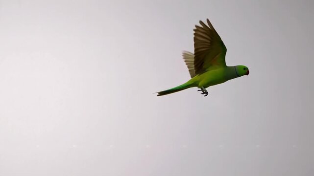Vibrant green rose-ringed parakeet actively captured mid-flight against a soft, muted gray sky, showcasing beautiful wing extension and bright plumage details.