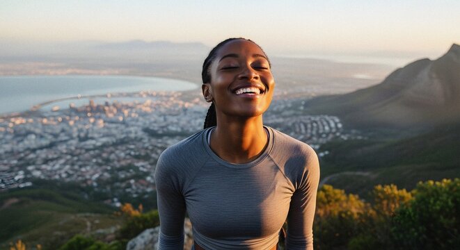 Sunlit Black woman closed eyes smiling freedom high mountain viewpoint city adventure travel lifestyle