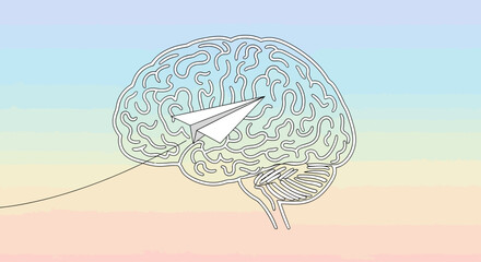 Human brain illustration with paper plane flying out, symbolizing creativity and ideas © john