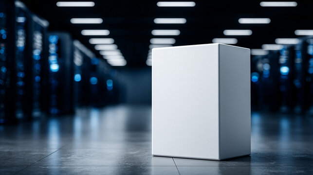 Conceptual Server Rack & Packaging: A sleek, white product package is positioned center-stage within a cutting-edge server rack room.