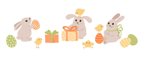 Obraz premium Cute rabbits and chickens giving gifts and colored eggs. Happy Easter design vector illustration set. Good for greeting card, invitation, banner, poster.