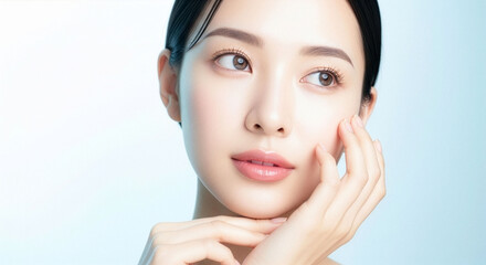 透明感あふれるナチュラルビューティーポートレート、頬に手を添える若い女性のクローズアップ・スキンケアや美容広告向けの清潔感あるブルー背景イメージ