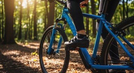 Fototapeta premium Black cycling shoe hook and loop pedal engagement blue mountain bike frame sunny forest trail outdoor sport leisure activity