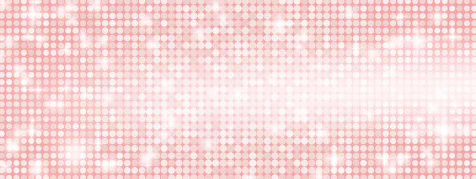 Sequin mosaic fabric with pattern glitter glimmer for pink background light. Disco ball rose gold with glam party effect on shiny bg. Vector sequin pink light and bokeh disco background.