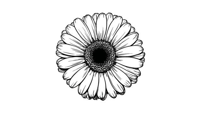 A detailed line drawing of a gerbera daisy, centered on a white background