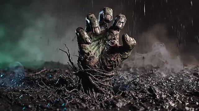 Zombie hand rising from the dark ground in a rainy environment.
