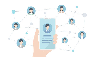 スマホを中心に広がるビジネス系人脈ネットワークのベクターイラスト。人物アイコンあり（フラットデザイン･ブルー）
