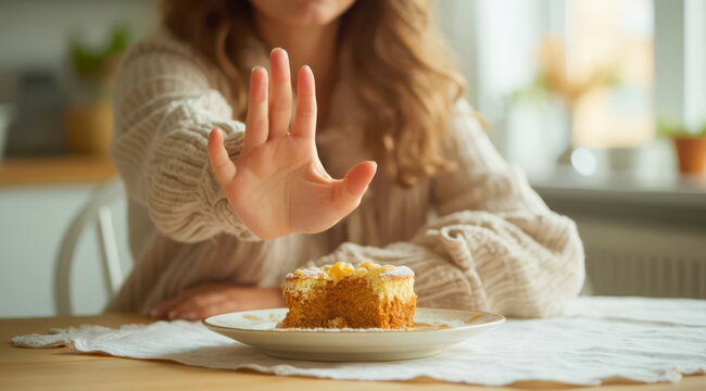 A woman gestures with her hand - stop, in front of a piece of cake, at home in the kitchen, as a refusal of sweets