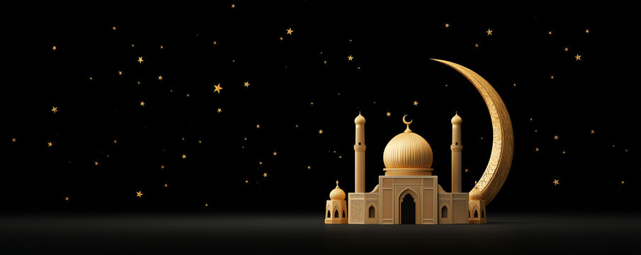 3d rendering of the arabic calligraphy text ramadan kareem and a mosque with a glowing effect on a black background, a ramadan kareem banner template design concept. perspectives of a mosque with a go
