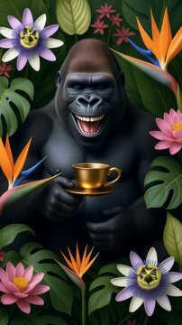 A powerful gorilla takes a sip of coffee from a cup and closes his eyes in pleasure. The gorilla's mood becomes joyful.