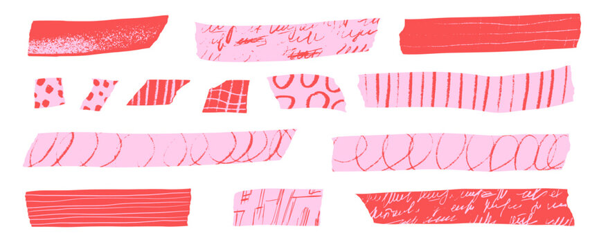 Red washi tape collection. Pink set with decorative paper strips, sticky masking elements, and vintage scrapbook stickers for creative craft projects and journal decoration. Vector diy handmade streak