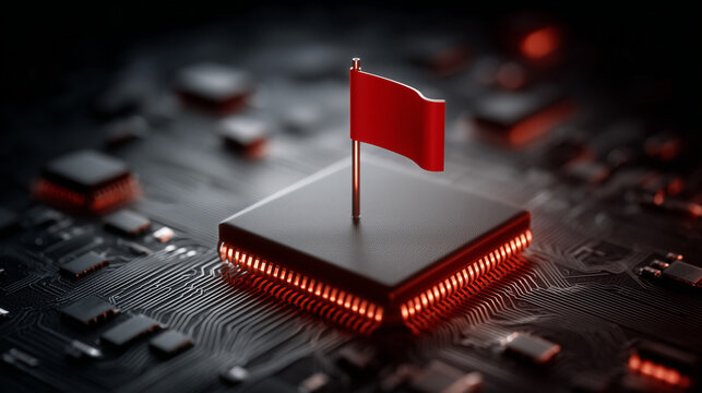 Digital Red Flag: A striking depiction of a red flag atop a microchip, symbolizing digital disruption and highlighting the critical importance of cybersecurity.