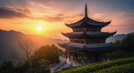 Obraz premium Tea plantation hilltop tiered pagoda stunning sunset mountainous Chinese landmark