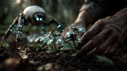 Gardner working with futuristic help. and flowers &ndash;&nbsp;Ai generative