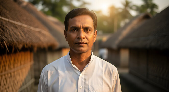 Middle-aged Bangladeshi man portrait standing in a rural village