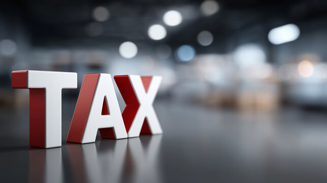 Financial Word: Tax in bold letters prominently displayed, symbolizing fiscal concepts of revenue. The image communicates the importance of tax planning and strategy. 