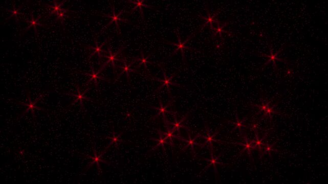 Red twinkle stars and light rays explode and float in space