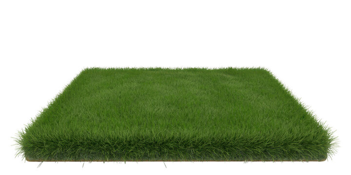 Square patch of green grass on white lawn isolated on a transparent background