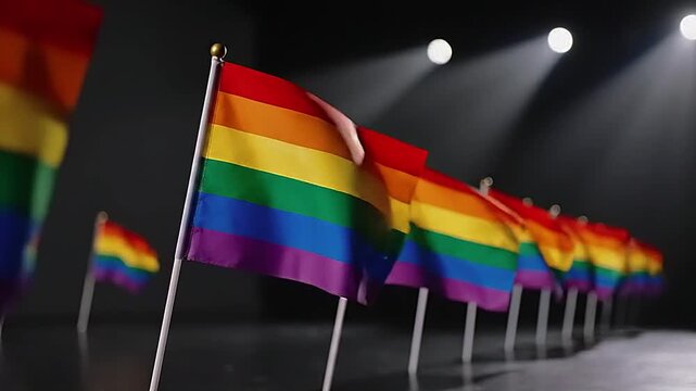 Rainbow flags waving in a row on silver poles under spotlight.