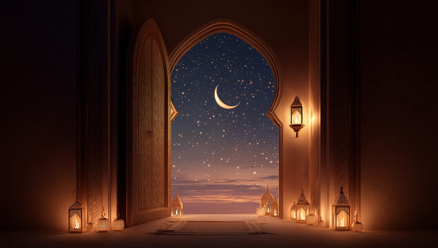 3d rendering of a beautiful open door with islamic patterns on it, a night sky background, and a lantern hanging in the room. the moon is shining brightly behind an arabic archway, with stars visible 