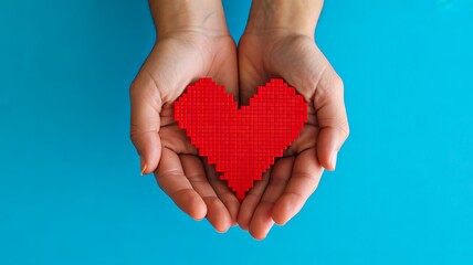 Obraz premium Hands holding red pixel heart on blue background love concept