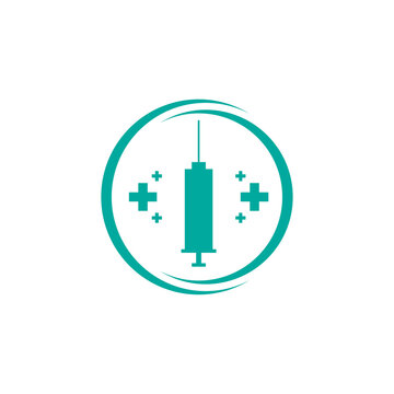 Illustration of a syringe shape with a circle and medical symbol