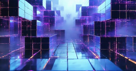 Obraz premium Futuristic cityscape. Glowing cubes form corridors, reflections abound. Blue, purple hues dominate digital landscape. Mysterious, immersive space.