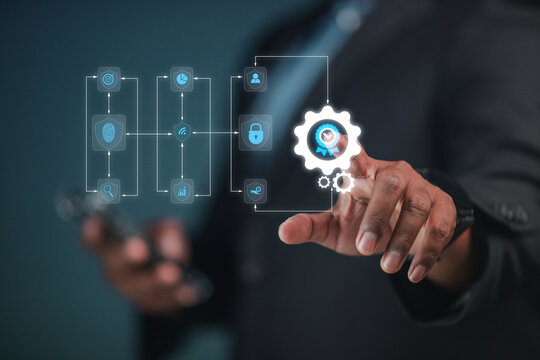 Businessman shows the best quality assurance with five gold stars for product warranty and service concept ISO technology.