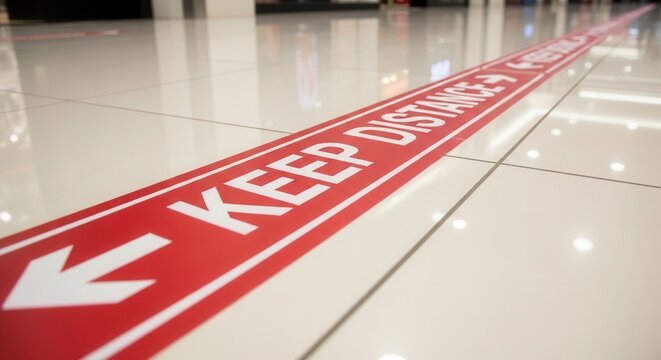Red Tape Marking Social Distancing Guidelines On Shiny Tiled Floor